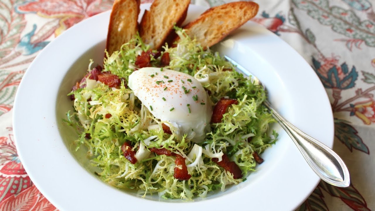 Salad Lyonnaise - Frisee Salad with Shallot Dijon Dressing, Bacon, and Poached Egg