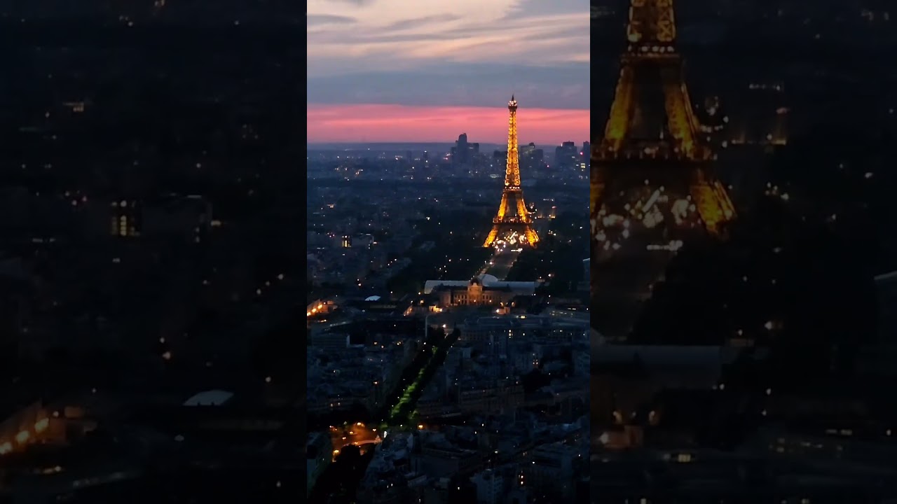 Coucher du soleil avec vue tour Eiffel depuis la terrasse de la tour Montparnasse